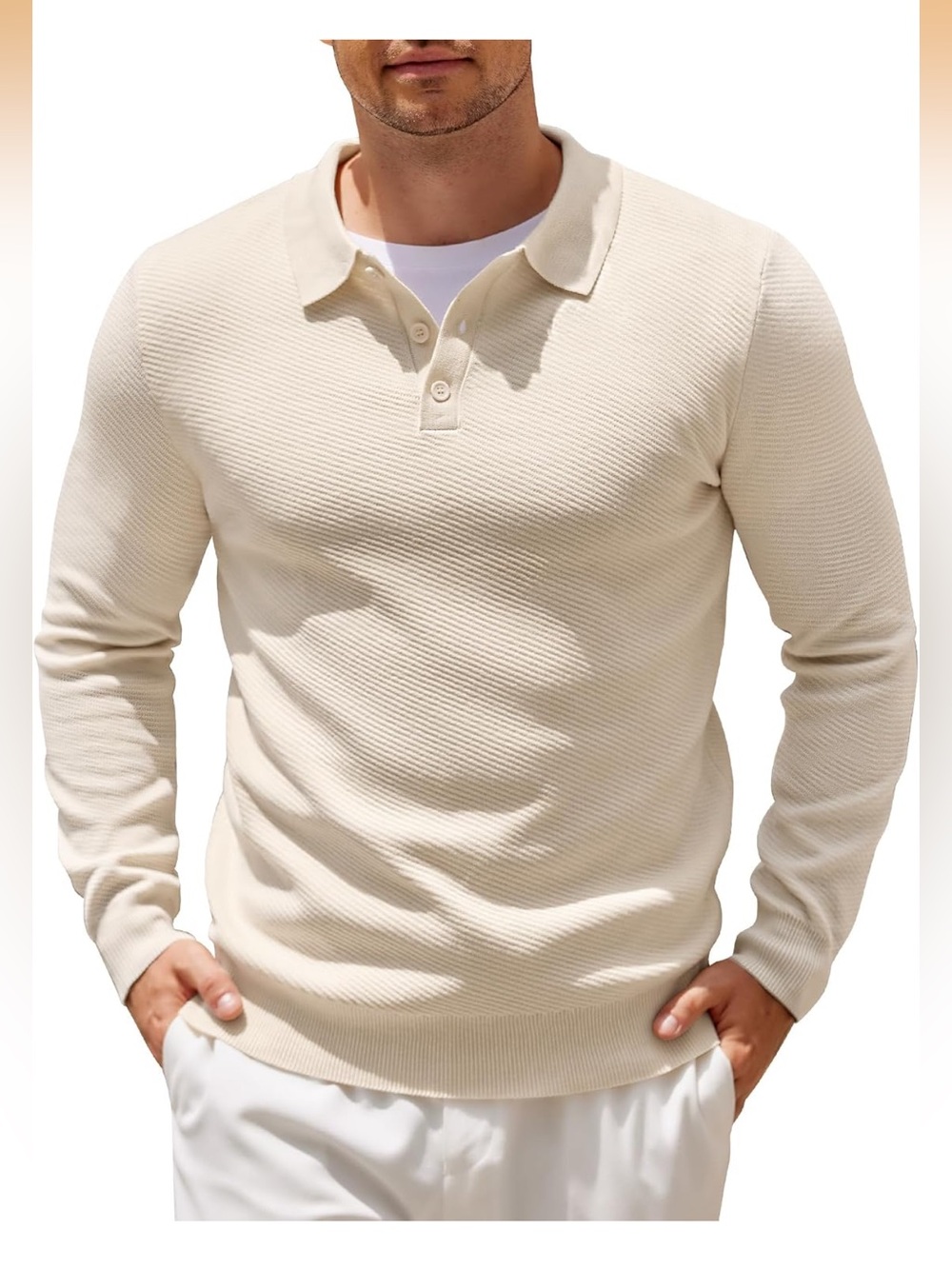 COOFANDY Men's Knit Polo Long Sleeve Collared Pullover Sweater Beige Medium
